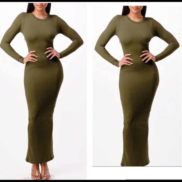 Dresses & Skirts - Mock neck long sleeves maxi dress (olive)